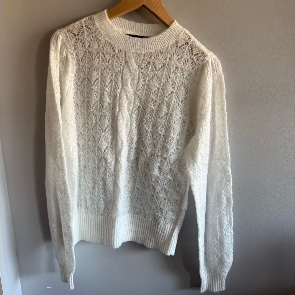 WHBM White Lace Knit Sweater Womens Large White House Black Market Crew Neck